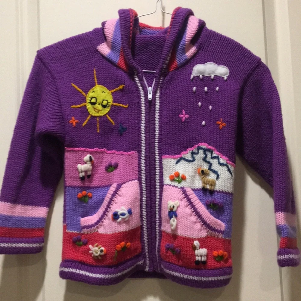 Native Imports Peruvian zip up knit handmade Sweater Patchwork Story size below